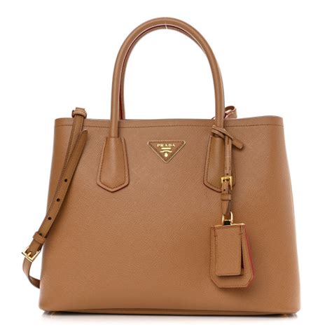 prada saffiano cuir leather handbag caramel|PRADA Saffiano Cuir Small Double Bag Caramel Fuoco.